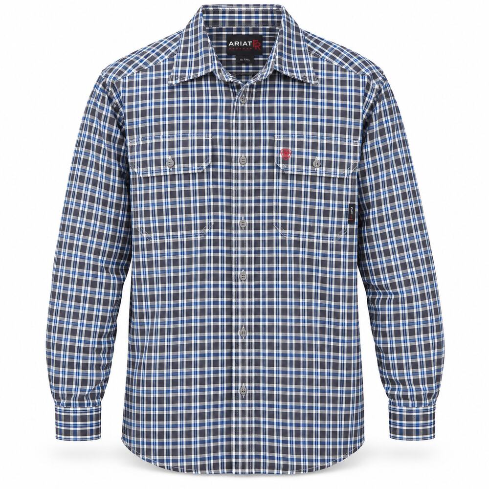 Ariat FR Work Shirt Men’s XL Tall Blue Plaid CAT 2 Flame Resistant Button Up